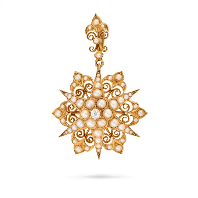 NO RESERVE - AN ANTIQUE VICTORIAN PEARL AND DIAMOND STAR BROOCH / PENDANT, CIRCA 1890 in 18ct yellow