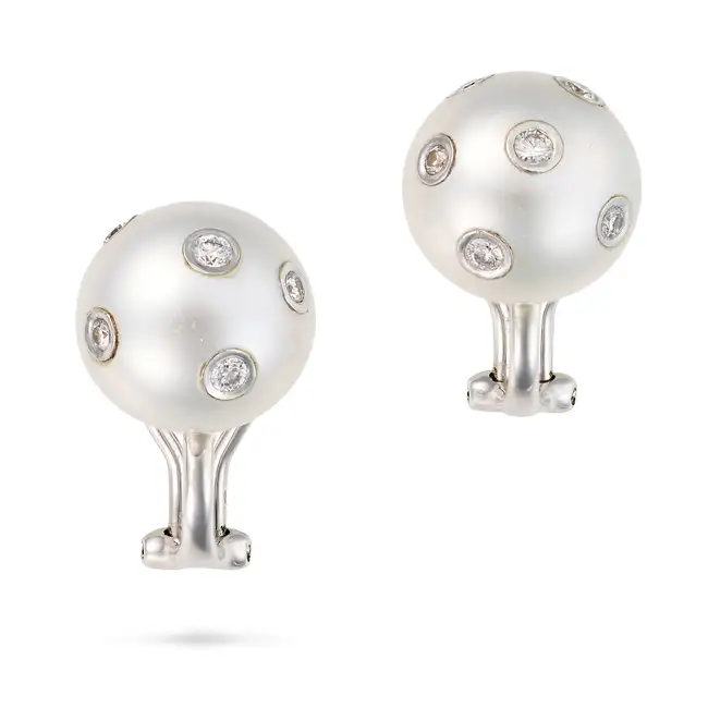 A PAIR OF SOUTH SEA PEARL AND DIAMOND EARRINGS in 18ct white gold, each comprising a pearl of 13.3mm