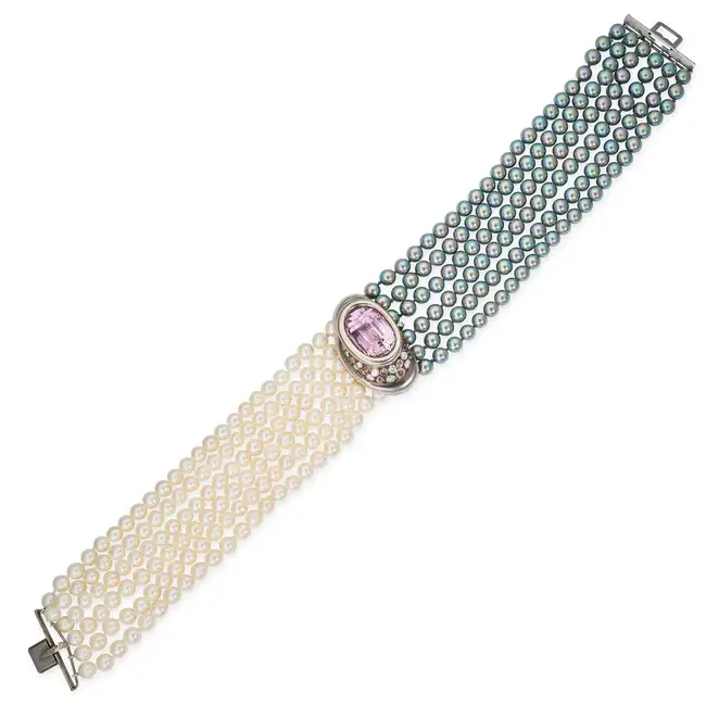 RENE BOIVIN, A KUNZITE, PINK TOURMALINE, DIAMOND AND PEARL CHOKER NECKLACE / BRACELET in 18ct