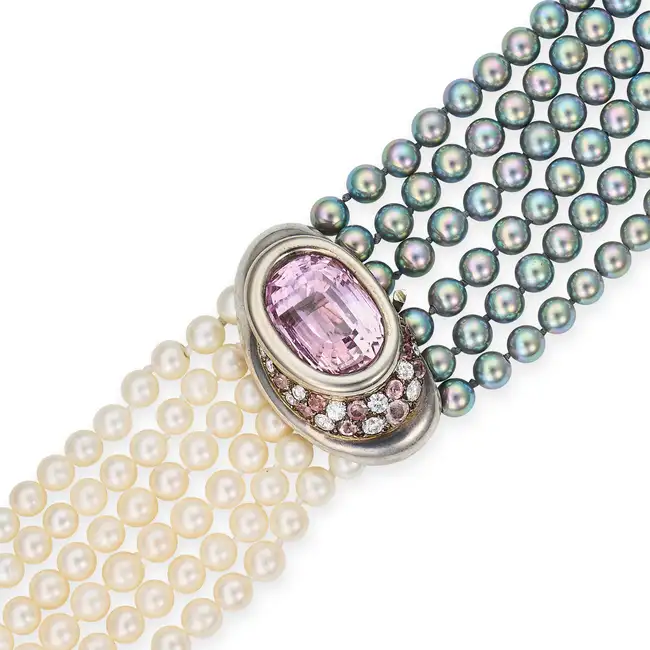 RENE BOIVIN, A KUNZITE, PINK TOURMALINE, DIAMOND AND PEARL CHOKER NECKLACE / BRACELET in 18ct
