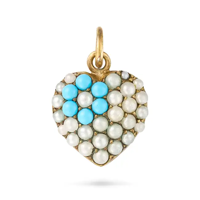AN ANTIQUE TURQUOISE AND PEARL HEART PENDANT the heart shaped pendant set with pearls and a