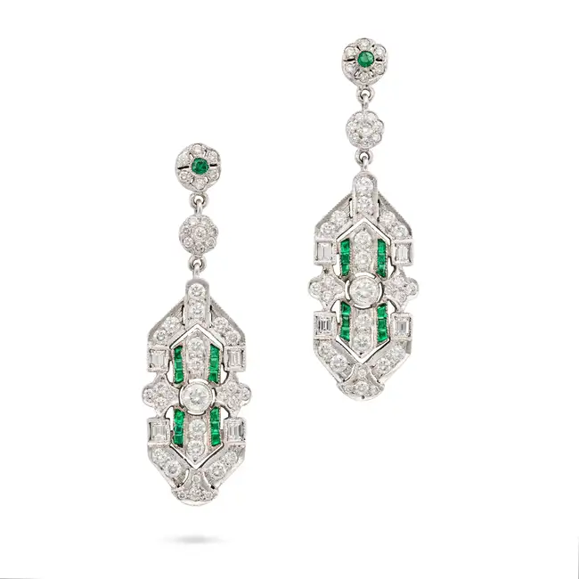A PAIR OF EMERALD AND DIAMOND DROP EARRINGS each suspending a geometric drop set with round