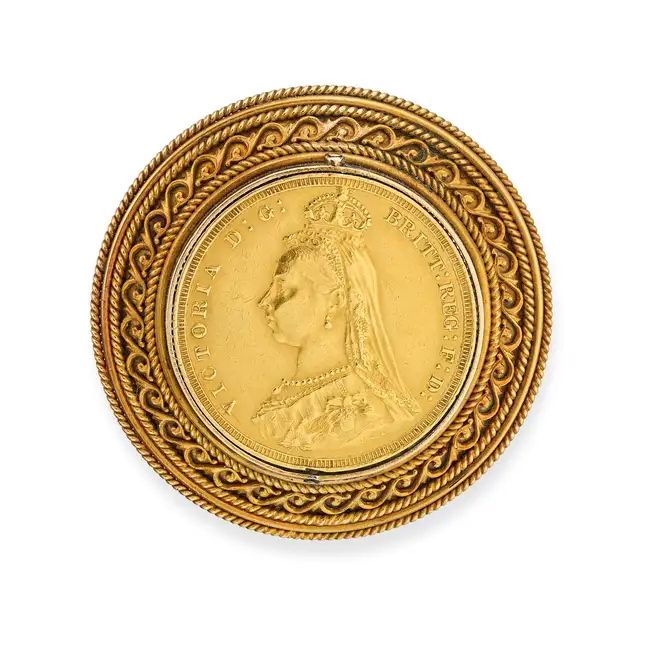AN ANTIQUE GOLD QUEEN VICTORIA FULL SOVEREIGN BROOCH set with a rotating Queen Victoria full