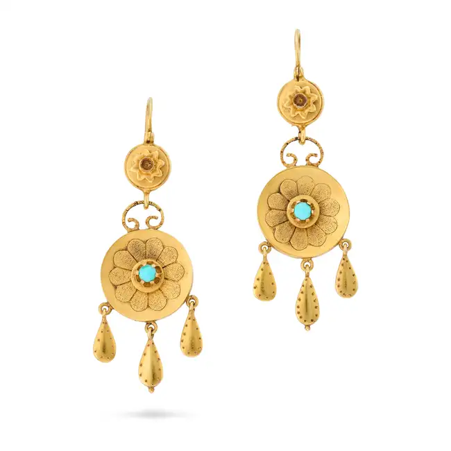 NO RESERVE - A PAIR OF ANTIQUE TURQUOISE FLOWER DROP EARRINGS, CIRCA 1880 in yellow gold, the