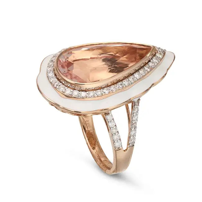 OSCAR FRIEDMAN, A MORGANITE, DIAMOND AND ENAMEL RING set with a pear cut morganite of 8.85 carats,