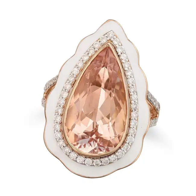 OSCAR FRIEDMAN, A MORGANITE, DIAMOND AND ENAMEL RING set with a pear cut morganite of 8.85 carats,