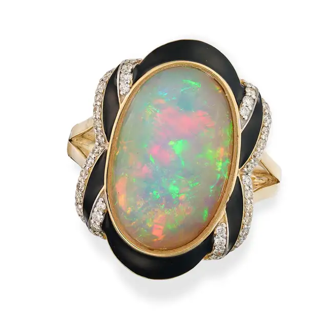AN OPAL, DIAMOND AND ENAMEL DRESS RING set with a cabochon opal of 5.49 carats in a border of