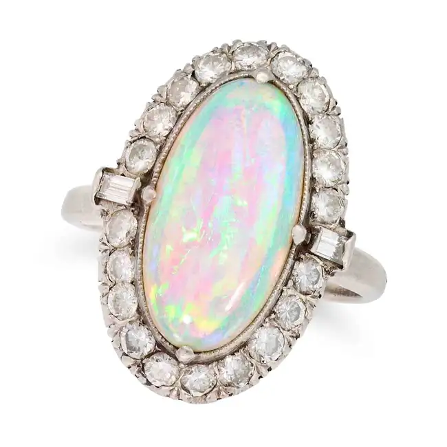 AN OPAL AND DIAMOND RING set with an oval cabochon opal of approximately 3.49 carats, accented by