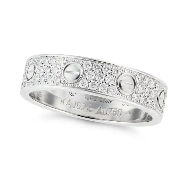 CARTIER, A SMALL MODEL PAVED DIAMOND LOVE RING in 18ct white gold, pave set with round brilliant cut