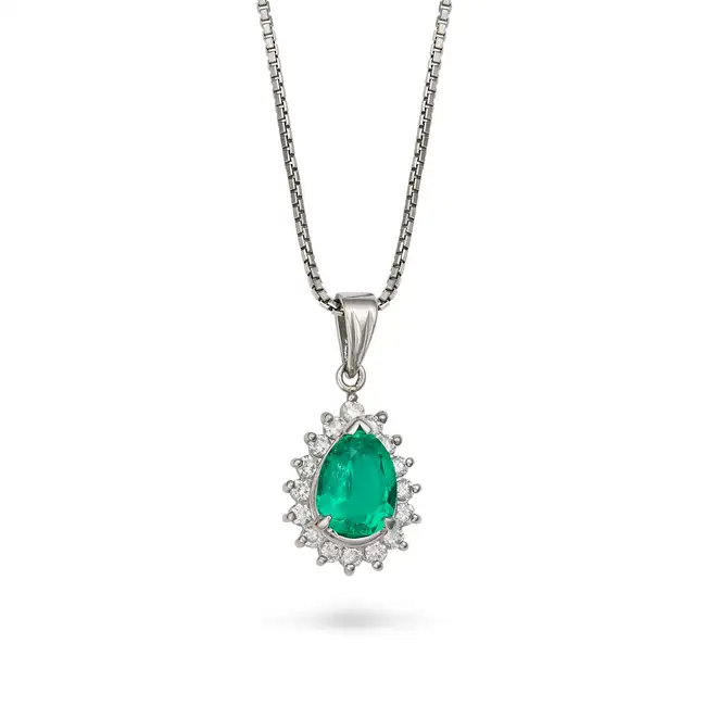 AN EMERALD AND DIAMOND PENDANT NECKLACE the pendant set with a pear cut emerald of 1.41 carats