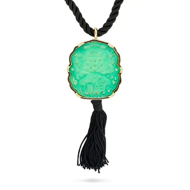 NO RESERVE - KENNETH LANE, A LUCITE, LACQUER AND RHINESTONE TASSEL NECKLACE the pendant set with