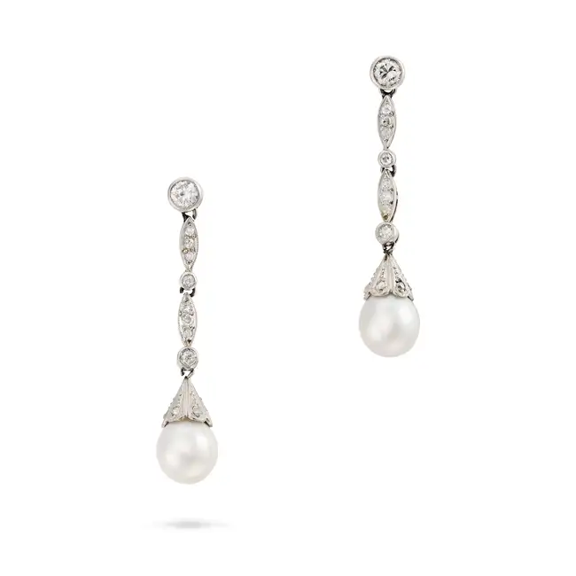 A PAIR OF PEARL AND DIAMOND DROP EARRINGS each suspending a pearl drop suspended bellow links set