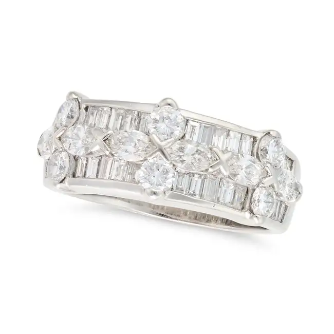A DIAMOND DRESS RING set with clusters of round brilliant and marquise cut diamonds, accented by two