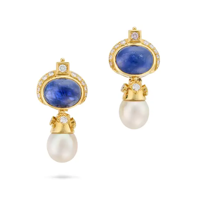 A PAIR OF SAPPHIRE, PEARL AND DIAMOND DROP EARRINGS each set with a cabochon sapphire in a border of