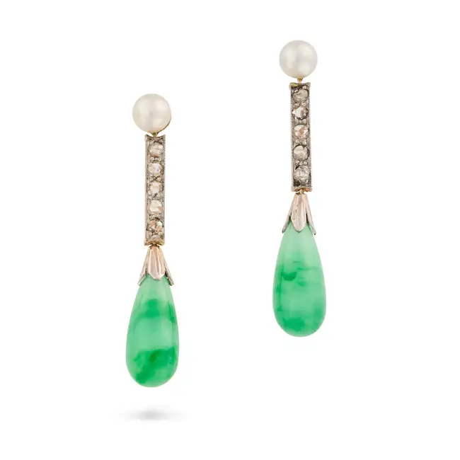 A PAIR OF JADEITE JADE, DIAMOND AND PEARL DROP EARRINGS each comprising a polished jadeite jade drop