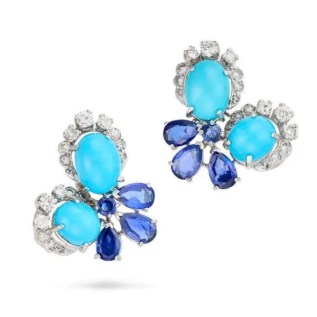 A PAIR OF VINTAGE TURQUOISE, SAPPHIRE AND DIAMOND EARRINGS each set with cabochon turquoise and pear