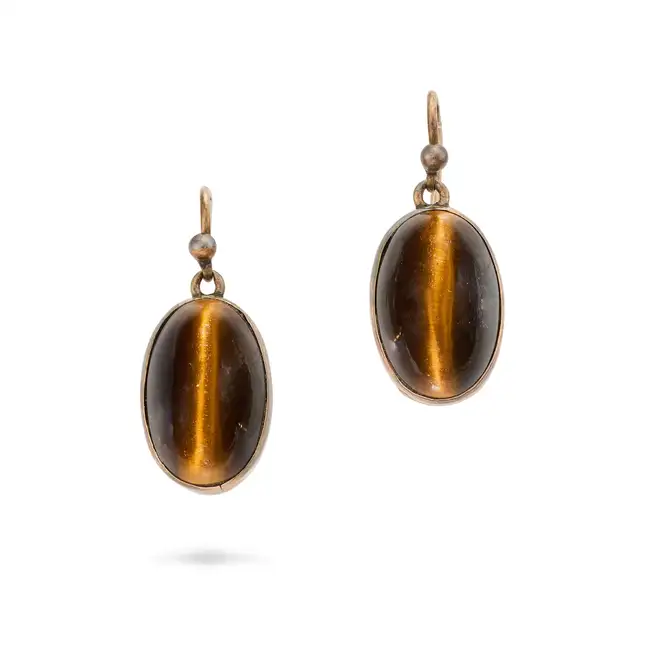 NO RESERVE - A PAIR OF VINTAGE TIGER'S EYE DROP EARRINGS each set with an oval cabochon tiger's eye,