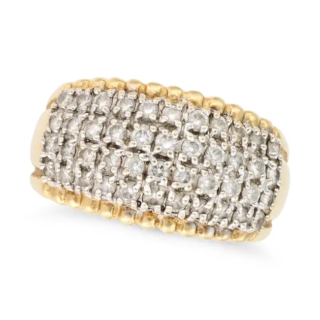 A DIAMOND DRESS RING set with four graduating rows of round brilliant cut diamonds, the diamonds all