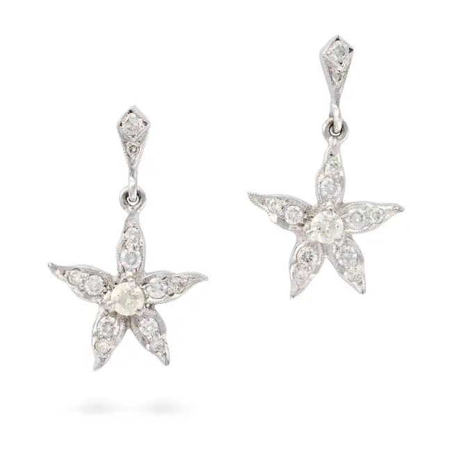 NO RESERVE - A PAIR OF DIAMOND FLOWER DROP EARRINGS each suspending a floral drop, set to the centre