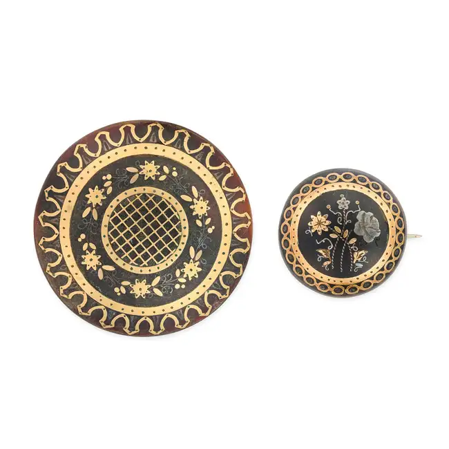 NO RESERVE - TWO ANTIQUE VICTORIAN PIQUE TORTOISESHELL BROOCHES comprising two circular brooch