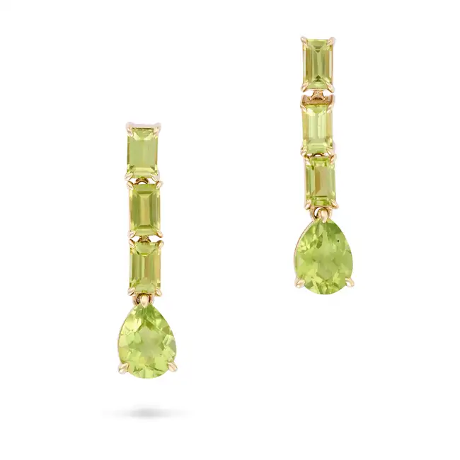 A PAIR OF PERIDOT DROP EARRINGS each comprising a row of octagonal step cut peridot, suspending a