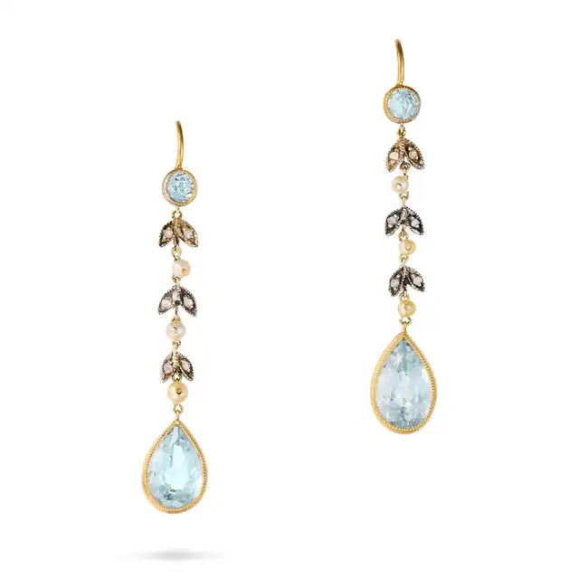 A PAIR OF AQUAMARINE, PEARL AND DIAMOND DROP EARRINGS each suspending a pear cut aquamarine drop,