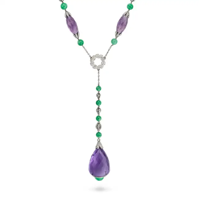 AN ART DECO AMETHYST, JADEITE JADE AND DIAMOND PENDANT NECKLACE the trace chain set with faceted