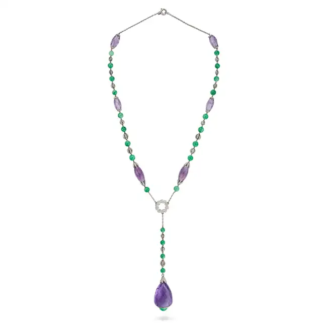 AN ART DECO AMETHYST, JADEITE JADE AND DIAMOND PENDANT NECKLACE the trace chain set with faceted