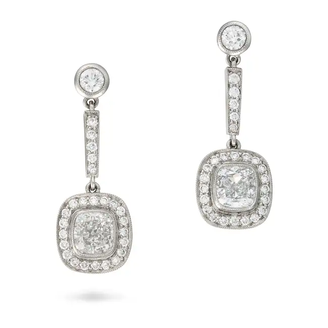 A FINE PAIR OF D COLOUR DIAMOND DROP EARRINGS each suspending a cushion cut diamond of 1.20 carats