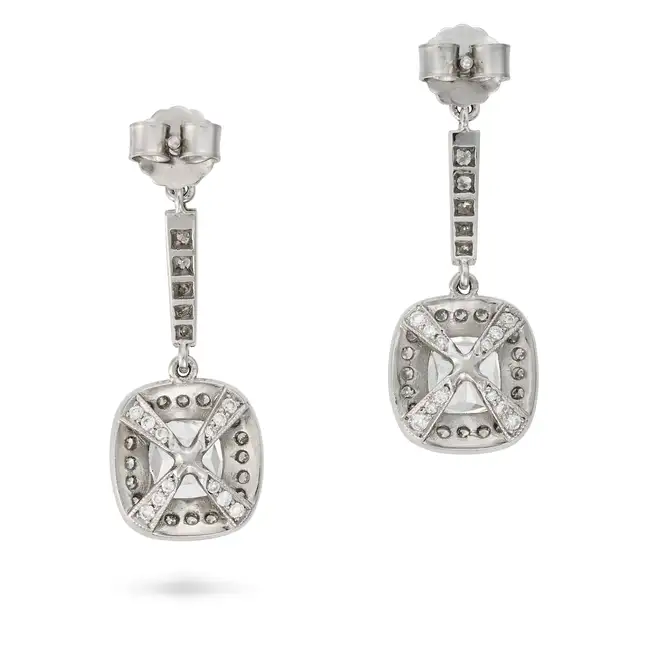A FINE PAIR OF D COLOUR DIAMOND DROP EARRINGS each suspending a cushion cut diamond of 1.20 carats