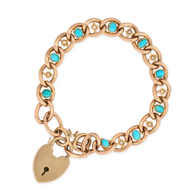 NO RESERVE - AN ANTIQUE VICTORIAN TURQUOISE AND PEARL SWEETHEART PADLOCK BRACELET, 1898 in 9ct