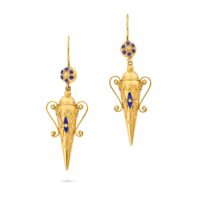 NO RESERVE - A PAIR OF ANTIQUE VICTORIAN ARCHAEOLOGICAL REVIVAL ENAMEL URN DROP EARRINGS, CIRCA 1870
