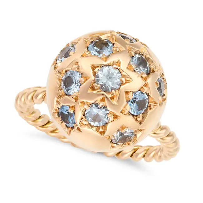 A VINTAGE SYNTHETIC BLUE SPINEL SPHERE RING designed as a sphere set with round cut synthetic blue