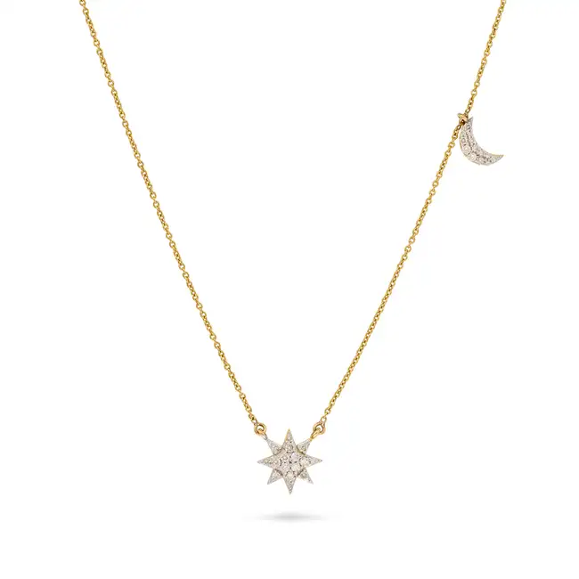 A CELESTIAL DIAMOND NECKLACE comprising a trace chain accented by a star and crescent moon motif set