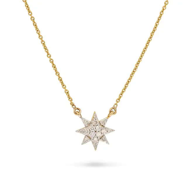 A CELESTIAL DIAMOND NECKLACE comprising a trace chain accented by a star and crescent moon motif set