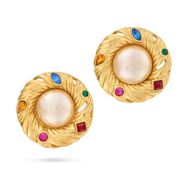 YVES SAINT LAURENT, A PAIR OF FAUX PEARL AND DIAMANTE CLIP-ON EARRINGS each comprising a textured