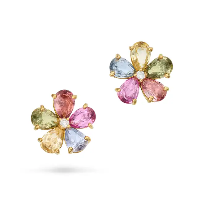BULGARI, A PAIR OF MULTICOLOUR SAPPHIRE AND DIAMOND FLORA EARRINGS in 18ct yellow gold, each