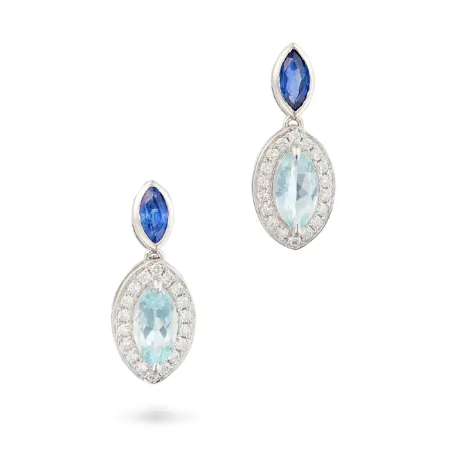 A PAIR OF AQUAMARINE, SAPPHIRE AND DIAMOND DROP EARRINGS each suspending a marquise cut aquamarine