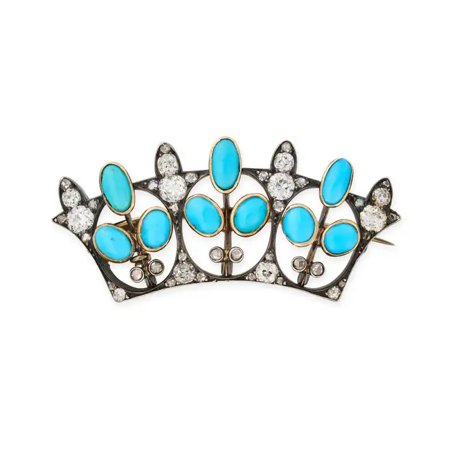 AN ANTIQUE TURQUOISE AND DIAMOND CORONET BROOCH, LATE 19TH CENTURY in yellow gold and silver,