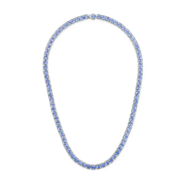 A CEYLON SAPPHIRE AND DIAMOND NECKLACE set with a single row of oval cut sapphires, accented by rows