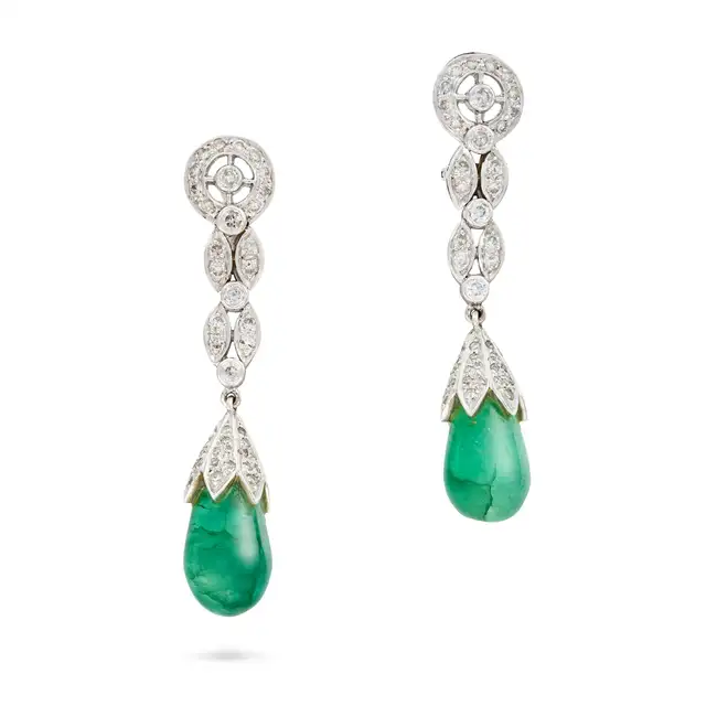 A PAIR OF EMERALD AND DIAMOND EARRINGS each comprising a polished emerald drop accented by round