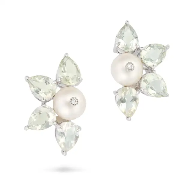A PAIR OF PRASIOLITE, PEARL AND DIAMOND EARRINGS each comprising a pearl set with a round cut