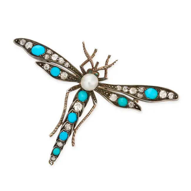 NO RESERVE - A FINE ANTIQUE TURQUOISE, DIAMOND AND PEARL DRAGONFLY BROOCH, 19TH CENTURY in yellow