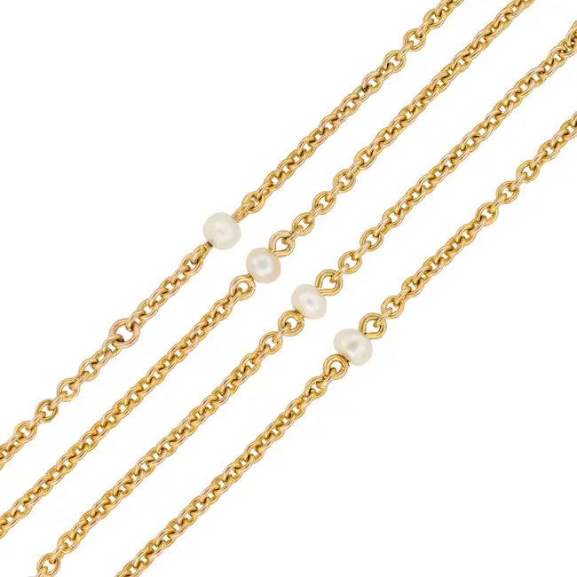 A PEARL SAUTOIR NECKLACE comprising a trace chain punctuated by pearls, clasp stamped 15, 148.0cm,