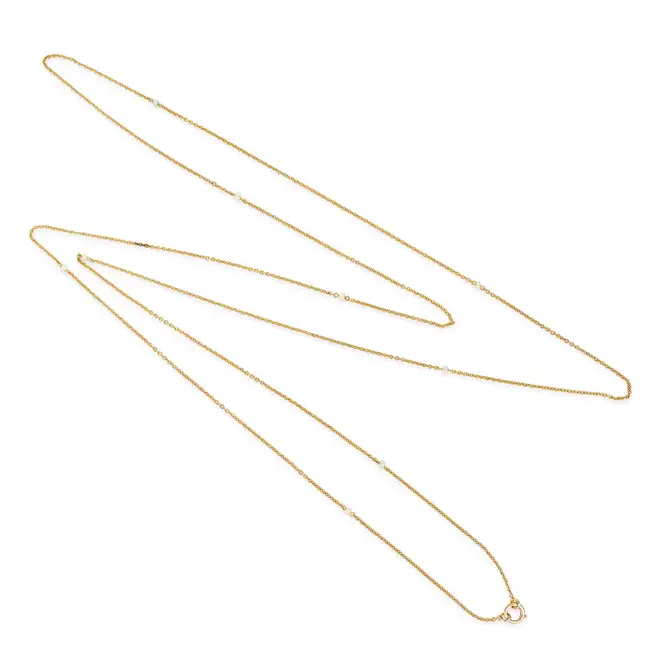 A PEARL SAUTOIR NECKLACE comprising a trace chain punctuated by pearls, clasp stamped 15, 148.0cm,