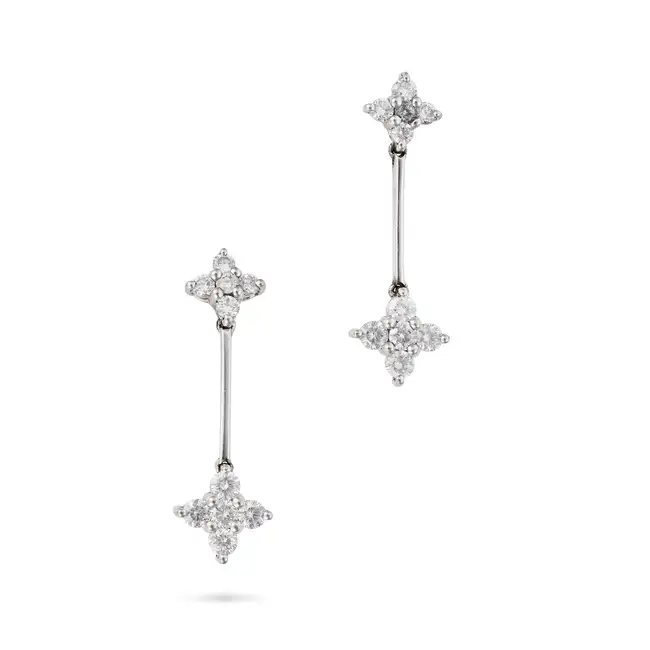 A PAIR OF DIAMOND CLUSTER DROP EARRINGS in 18ct white gold, each comprising a cluster of round