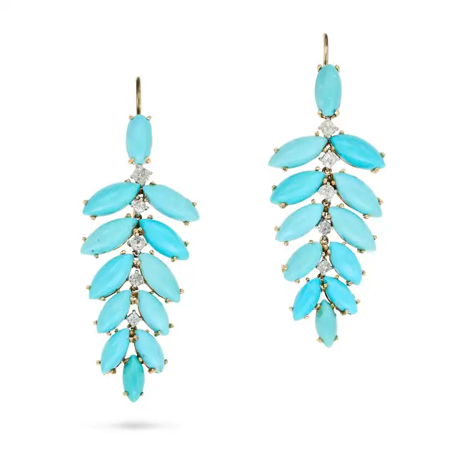 A PAIR OF VINTAGE TURQUOISE AND DIAMOND DROP EARRINGS each designed as a stylised leaf, set with