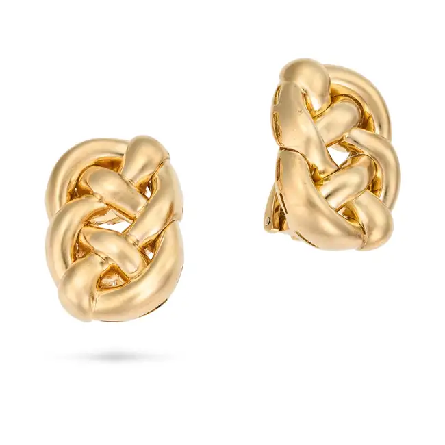 A PAIR OF ITALIAN GOLD KNOT EARRINGS in 18ct yellow gold, each in knotted design, A. maker's mark,