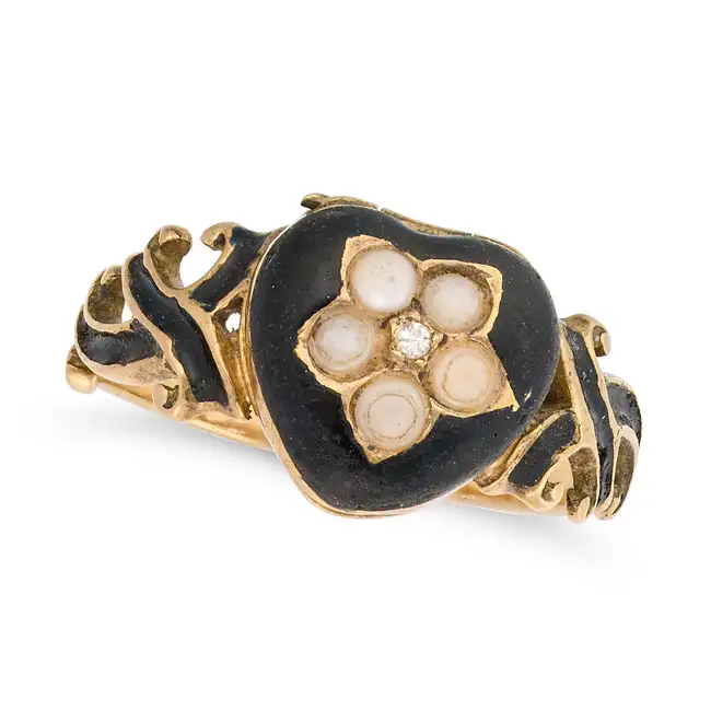 NO RESERVE - A RARE ANTIQUE VICTORIAN ENAMEL, DIAMOND AND PEARL HEART LOCKET / POISON RING in yellow