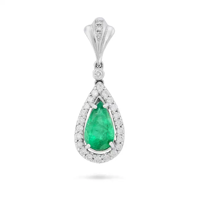 A PAIR OF ZAMBIAN EMERALD AND DIAMOND DROP EARRINGS each comprising a pear cut emerald within a